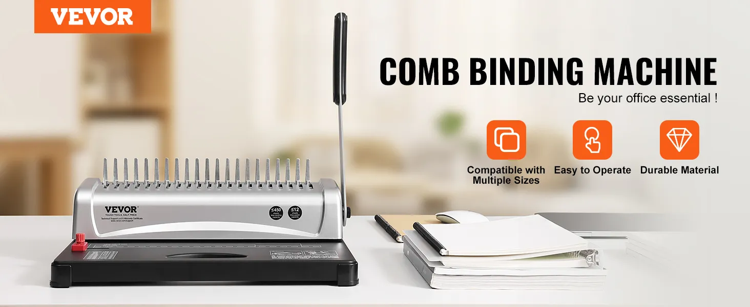 VEVOR binding machine on a desk with notebooks and pens, showcasing compatibility and durability.