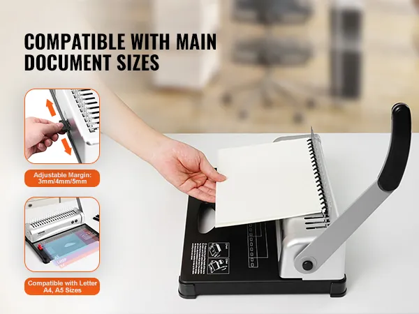 VEVOR binding machine for a4, a5, letter sizes with adjustable margin settings 3mm/4mm/5mm.