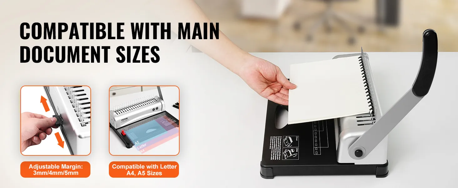 VEVOR binding machine for a4, a5, letter sizes with adjustable margin settings 3mm/4mm/5mm.