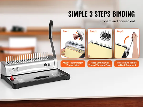 VEVOR binding machine in use, showing three easy steps to bind documents efficiently and conveniently.