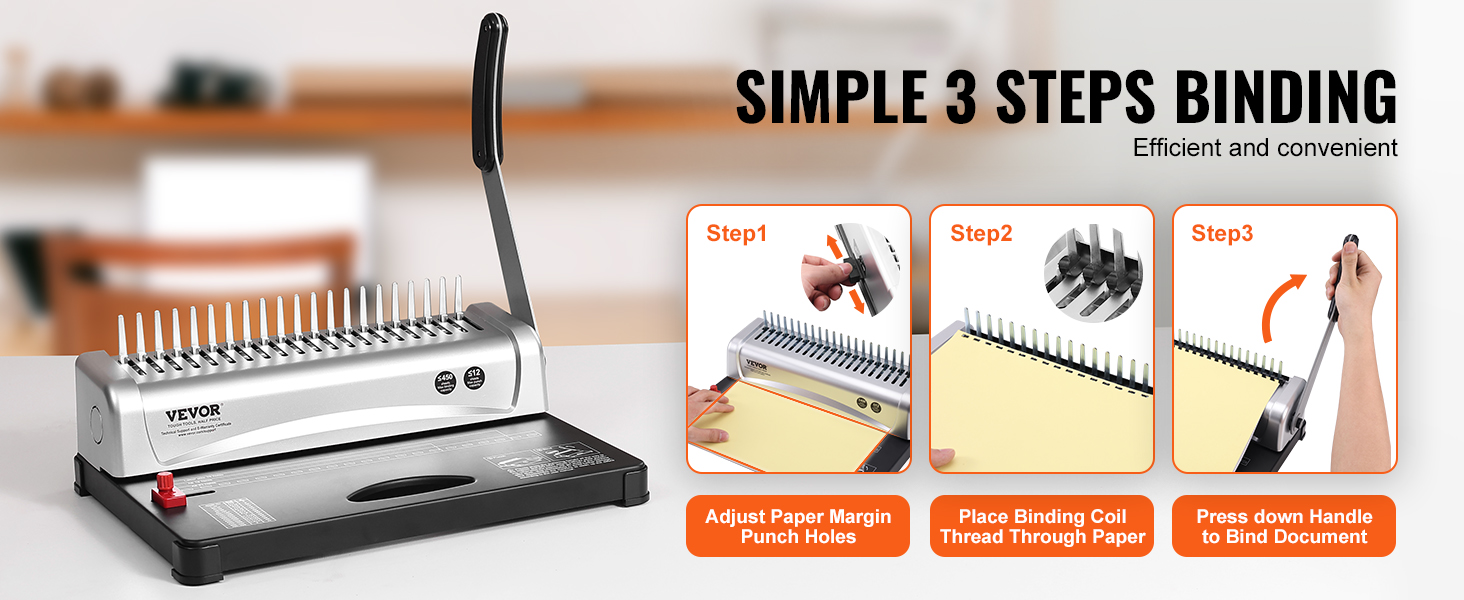 Демонстрація роботи палітурної машини VEVOR: три простих кроки для ефективної та зручної палітурки документів.