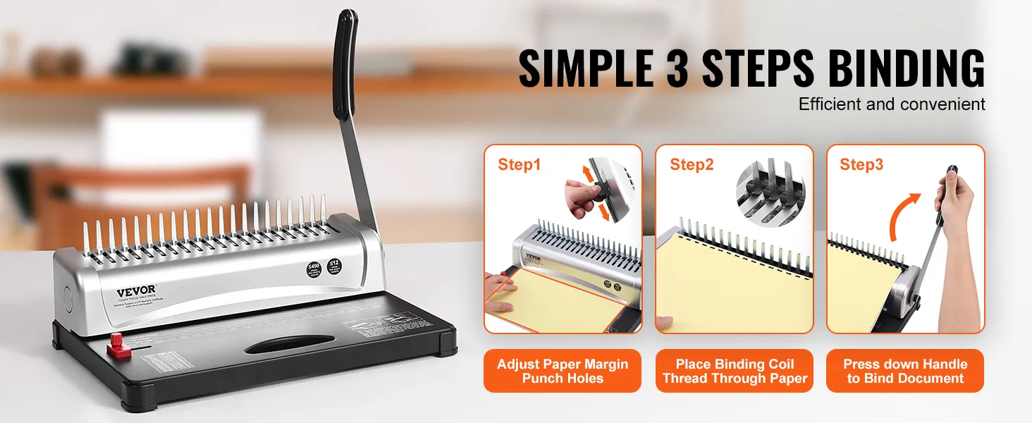 VEVOR binding machine in use, showing three easy steps to bind documents efficiently and conveniently.