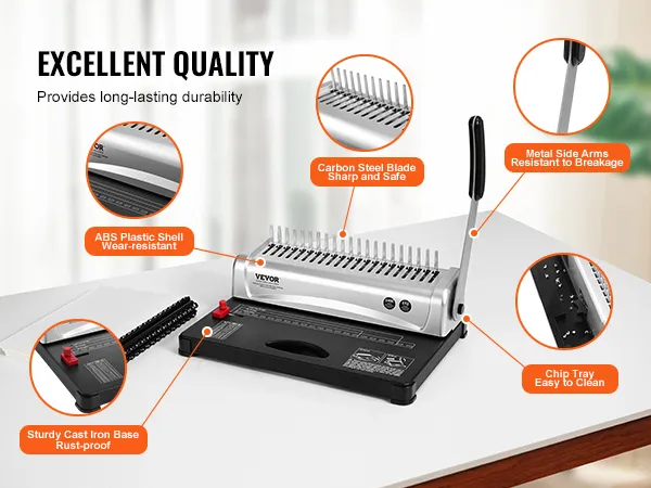 VEVOR binding machine with durable cast iron base, abs plastic shell, metal side arms, and chip tray.