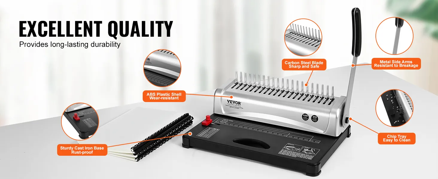 VEVOR binding machine with durable cast iron base, abs plastic shell, metal side arms, and chip tray.