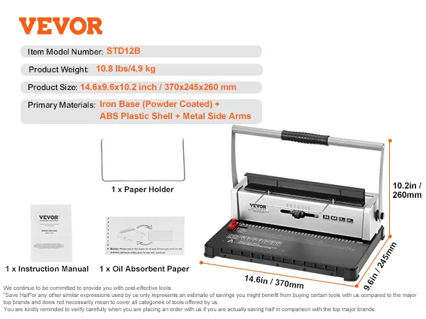 VEVOR binding machine std12b with product details and accessories displayed, measuring 14.6x9.6x10.2 inches.
