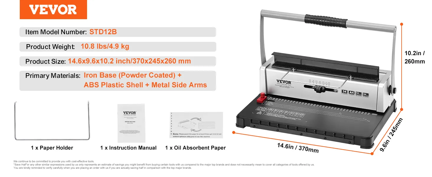 VEVOR binding machine std12b with product details and accessories displayed, measuring 14.6x9.6x10.2 inches.