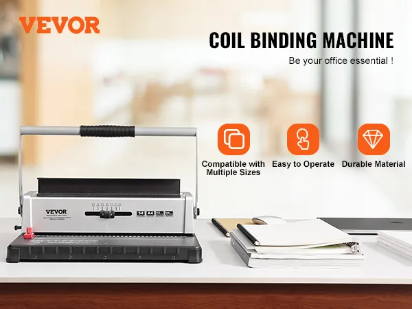 VEVOR coil binding machine, easy to operate, durable, compatible with multiple sizes.