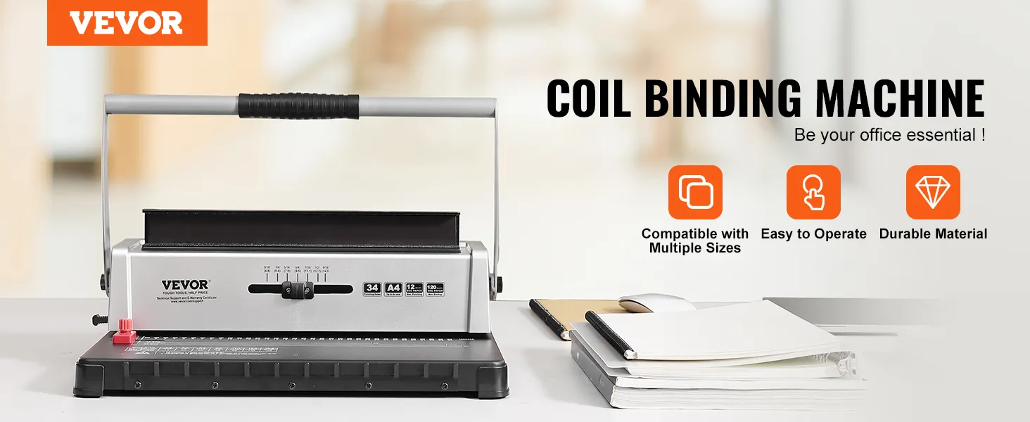 VEVOR coil binding machine, easy to operate, durable, compatible with multiple sizes.