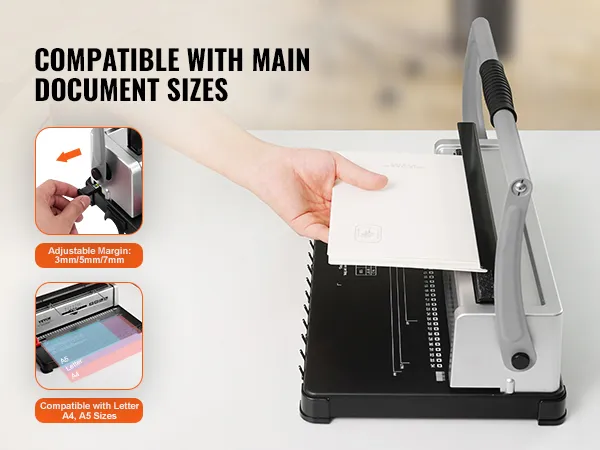 VEVOR binding machine with adjustable margins, compatible with a4, a5, and letter size documents.