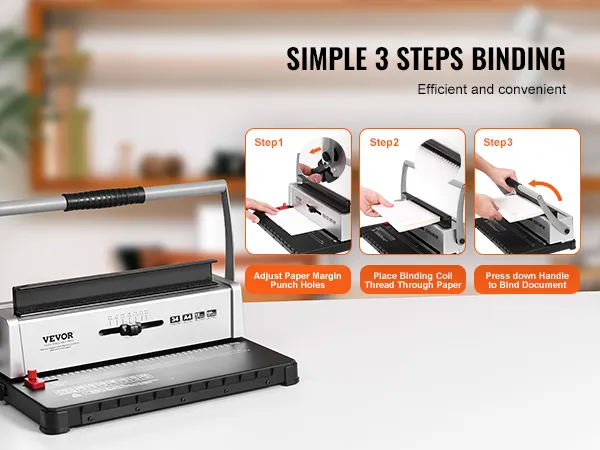VEVOR binding machine showcasing simple 3-step binding process for efficient document binding.