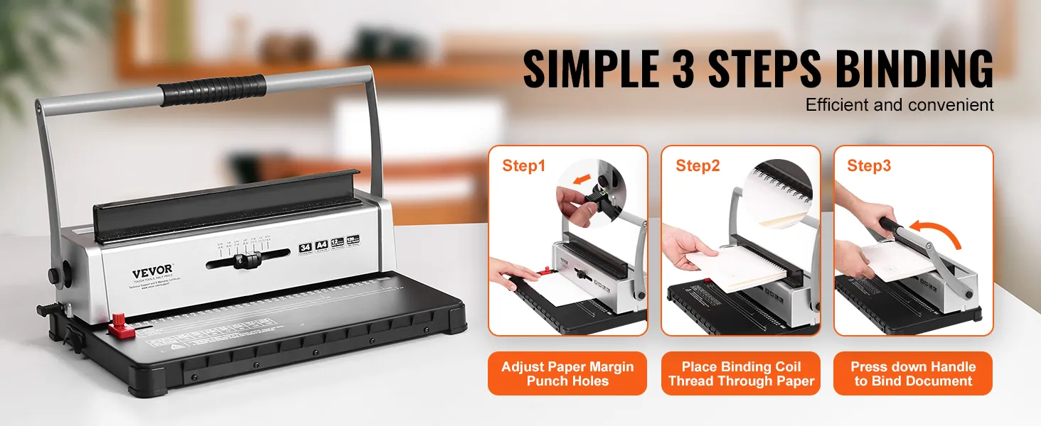 VEVOR binding machine showcasing simple 3-step binding process for efficient document binding.