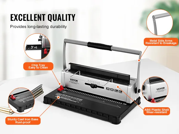 VEVOR binding machine with metal side arms, chip tray, abs shell, and rust-proof cast iron base.
