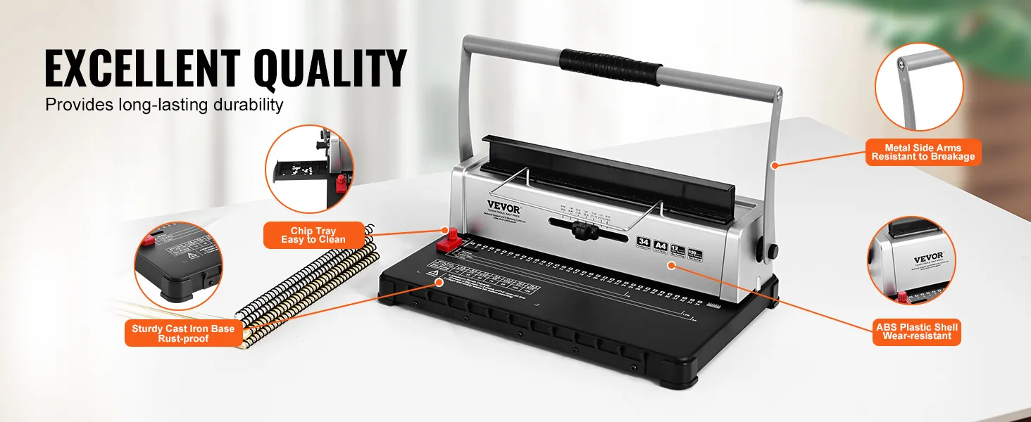 VEVOR binding machine with metal side arms, chip tray, abs shell, and rust-proof cast iron base.