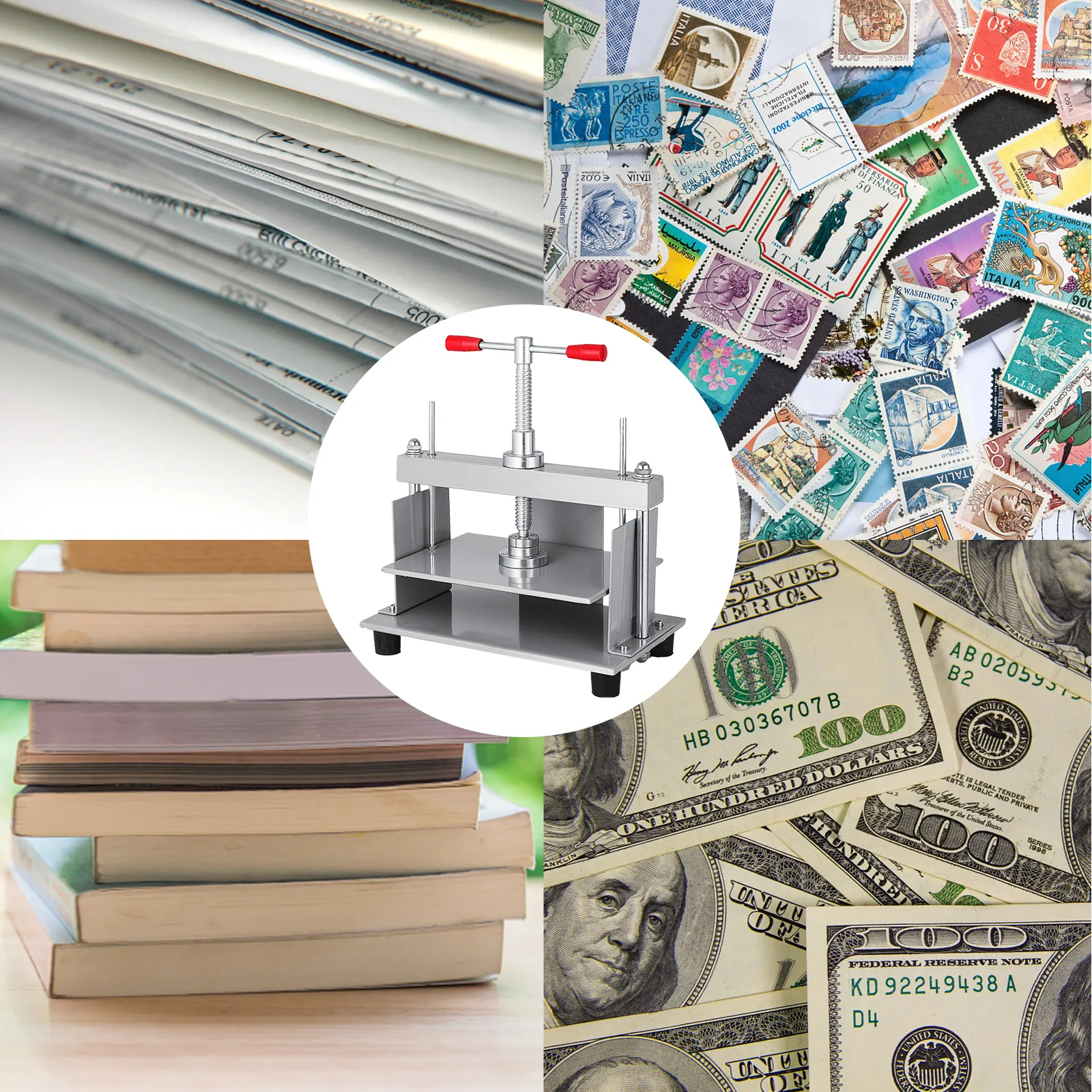 VEVOR-Papierpresse mit Stapeln von Zeitungen, Büchern, Briefmarken und US-Dollar-Scheinen.