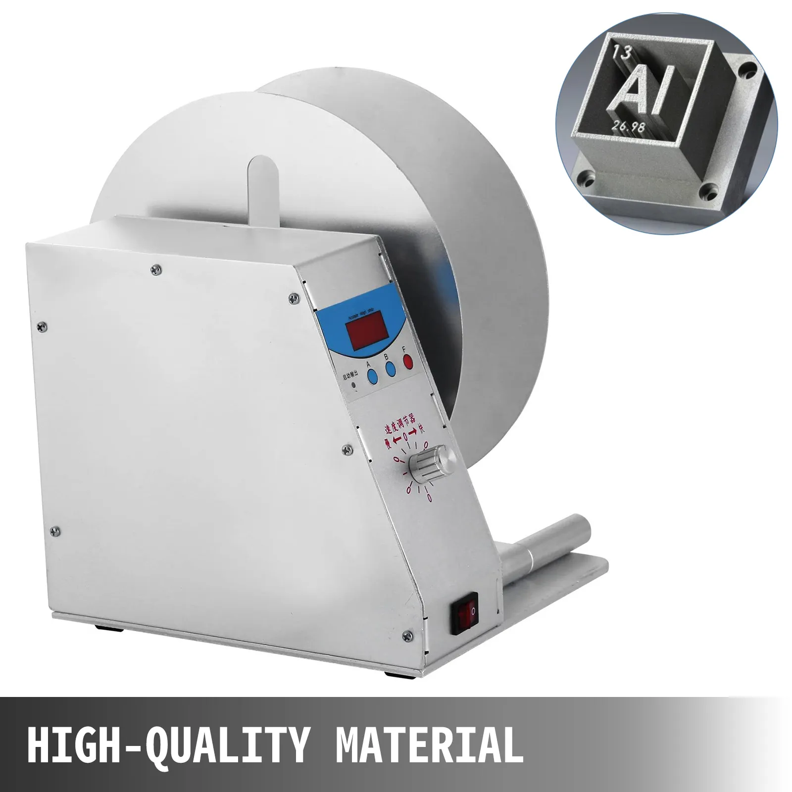 Rebobinador de etiquetas VEVOR en metal de aluminio con pantalla digital y perilla de control.