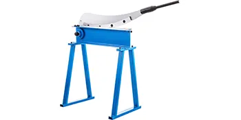 Blauwe en witte VEVOR guillotineschaar op een stevig blauw frame.