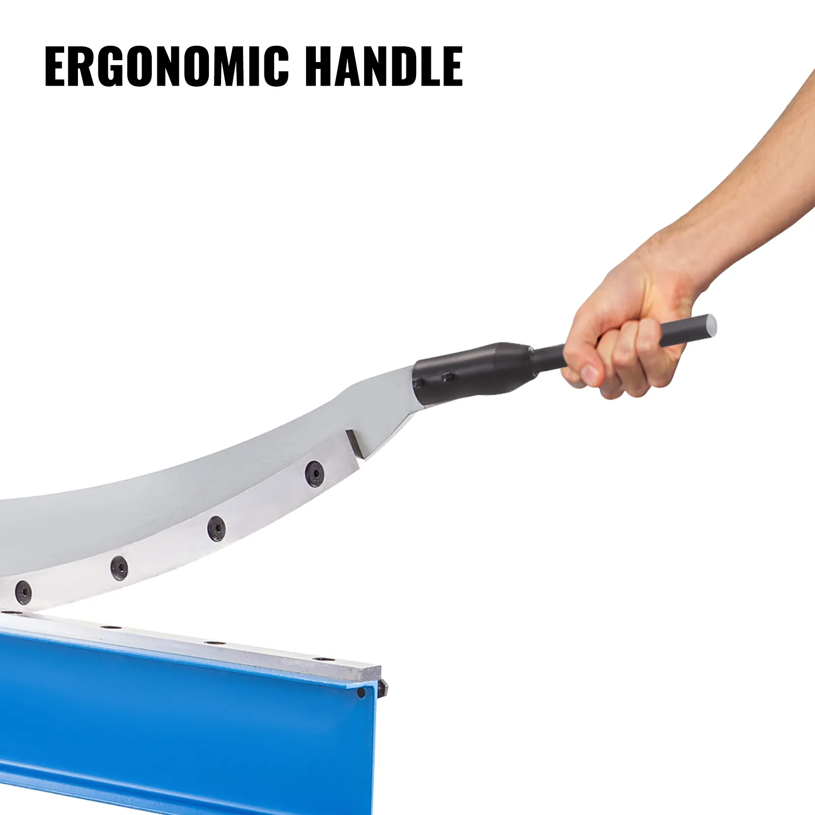 het handmatig bedienen van de ergonomische handgreep van een VEVOR guillotine-metaalschaar.
