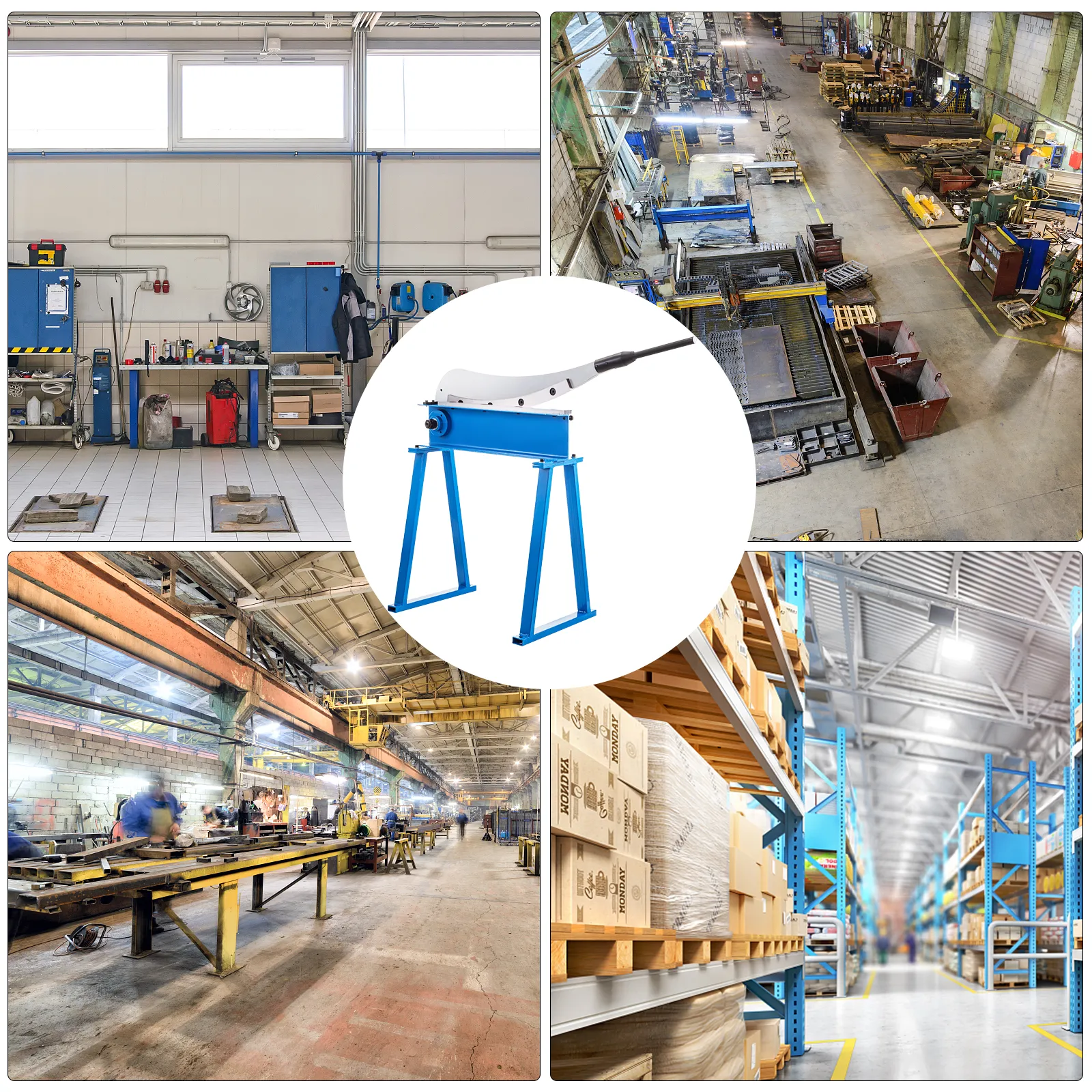 VEVOR guillotinemetaalschaar in diverse industriële en opslagomgevingen.