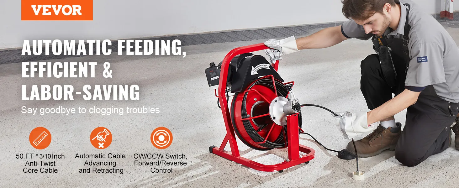 VEVOR Drain Cleaner Machine Electric Drain Auger 50FT x 3/10 In Auto Feed
