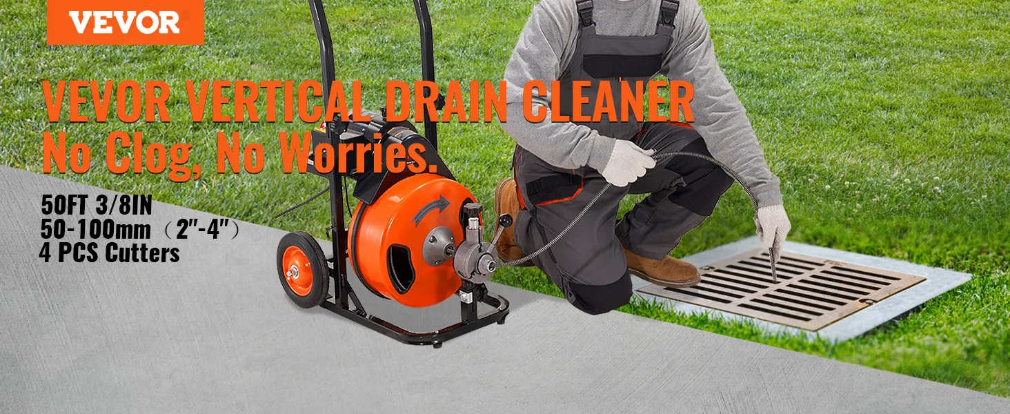 man operating VEVOR drain cleaning machine near outdoor grate with text on specs and features.
