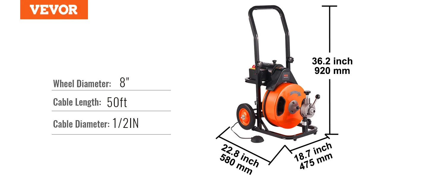 VEVOR drain cleaning machine with 50ft cable, 8" wheel, and 1/2in cable diameter, dimensions shown.