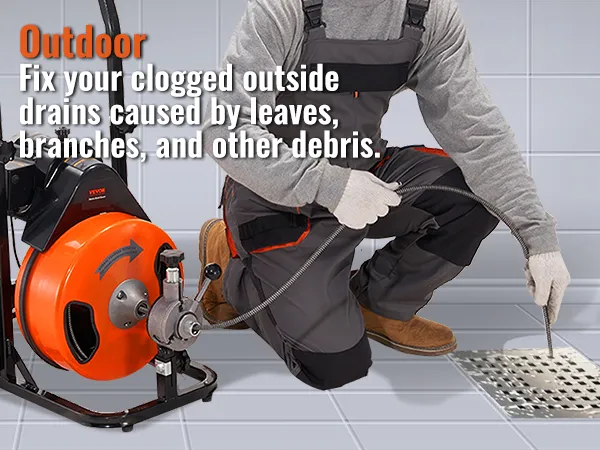 person using VEVOR drain cleaning machine outdoors to clear clogged drain with leaves and debris.