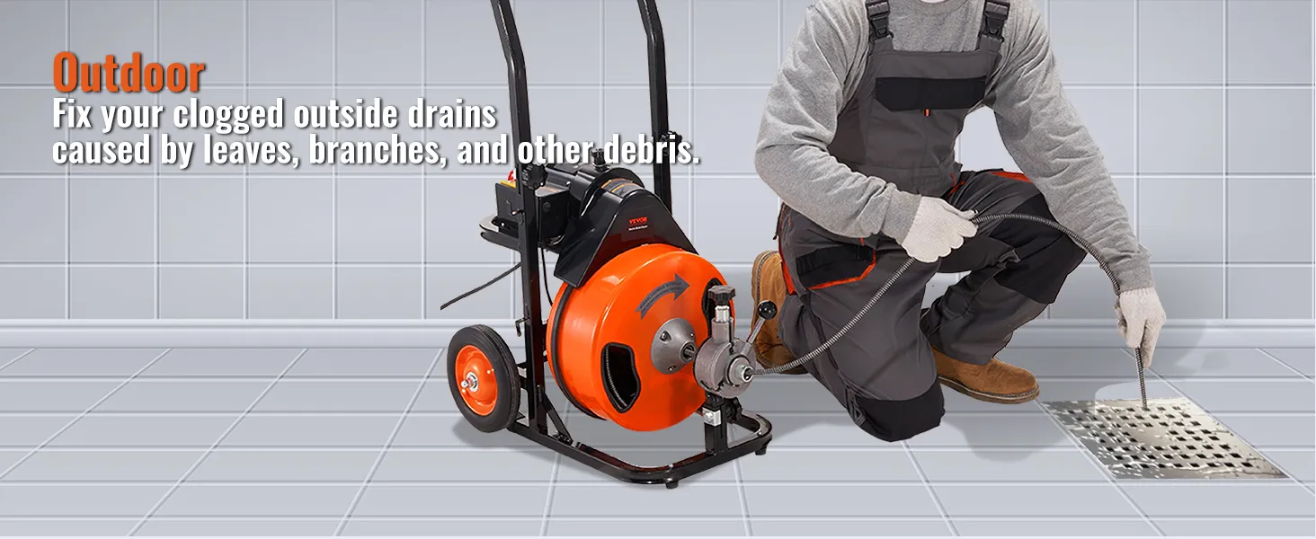 person using VEVOR drain cleaning machine outdoors to clear clogged drain with leaves and debris.