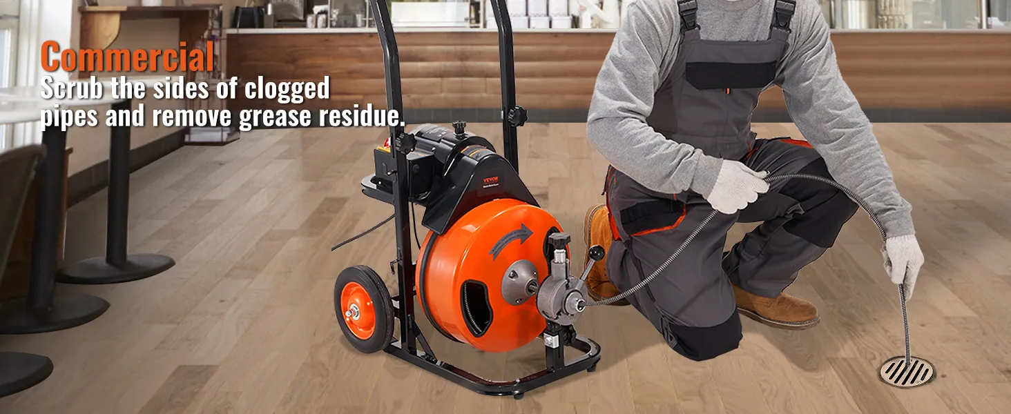 commercial use of VEVOR drain cleaning machine scrubbing clogged pipe in a restaurant setting.