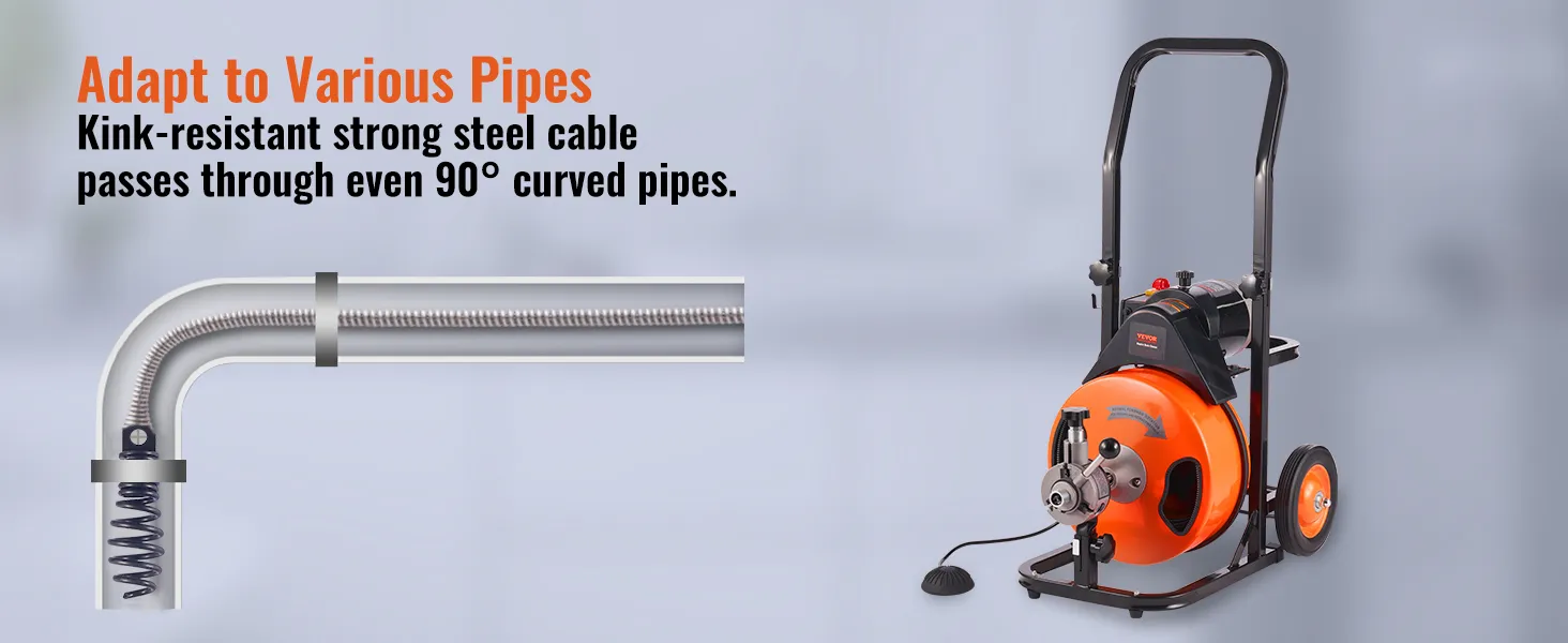 VEVOR drain cleaning machine with steel cable passing through curved pipes.