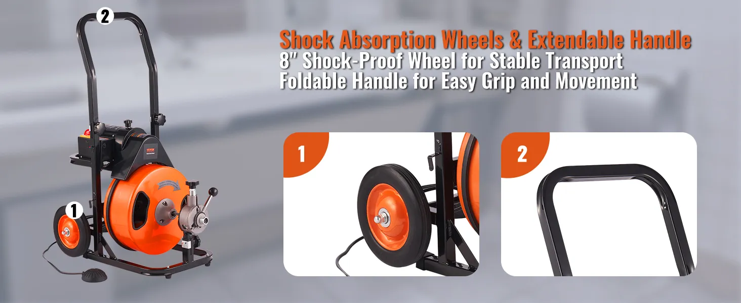 VEVOR drain cleaning machine with shock absorption wheels and extendable handle for easy transport.