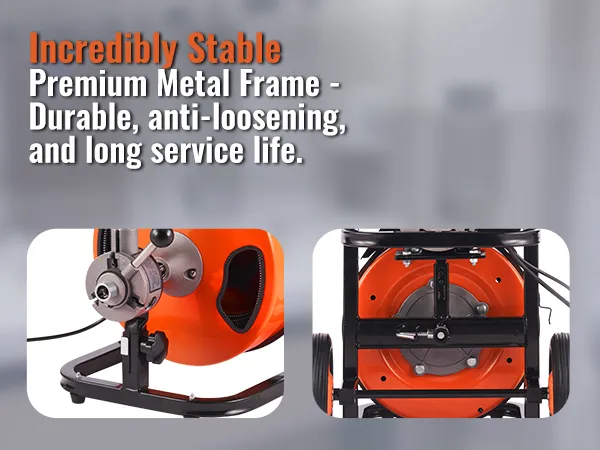 VEVOR drain cleaning machine with premium metal frame, durable and stable, featuring orange elements.