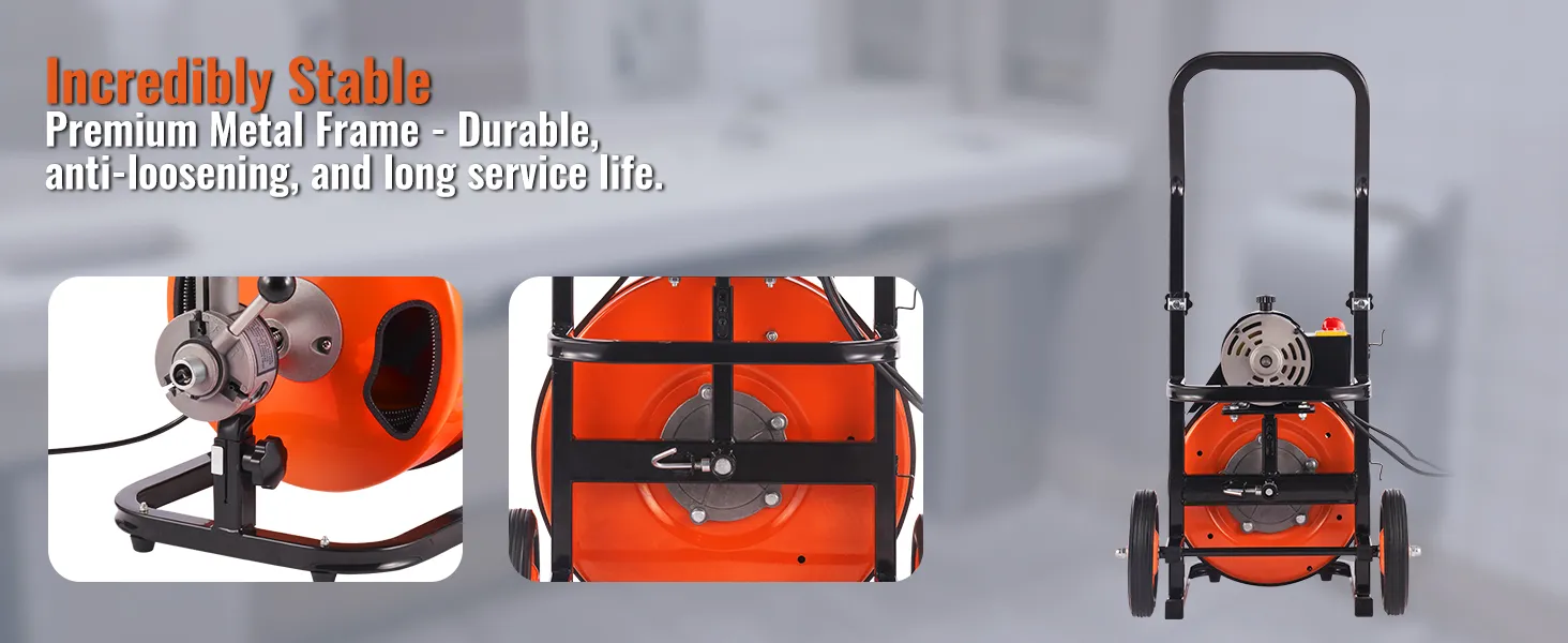 VEVOR drain cleaning machine with premium metal frame, durable and stable, featuring orange elements.