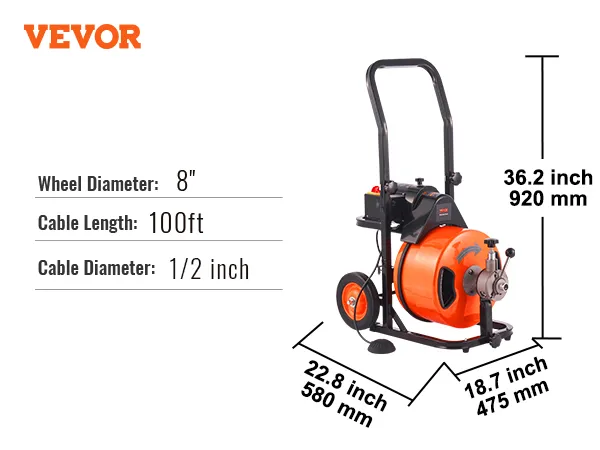 VEVOR drain cleaner machine with 8" wheels, 100ft cable, and 1/2" diameter.