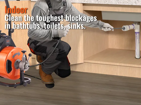 worker using VEVOR drain cleaner machine to clear sink blockage, with text: "indoor clean the toughest blockages."