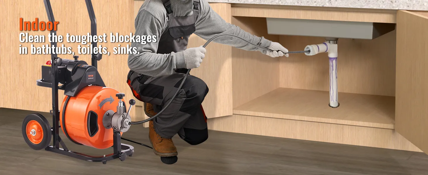 worker using VEVOR drain cleaner machine to clear sink blockage, with text: "indoor clean the toughest blockages."