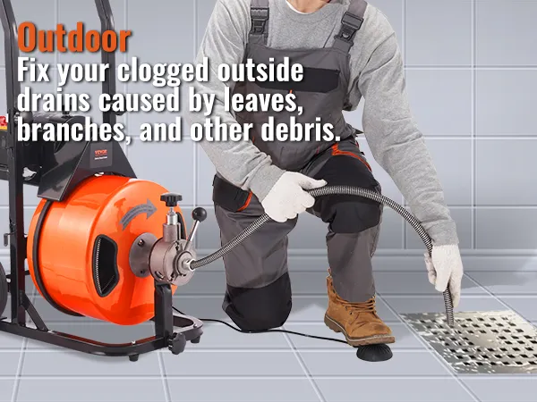 VEVOR drain cleaner machine in use for outdoor drain maintenance, clearing leaves and debris.