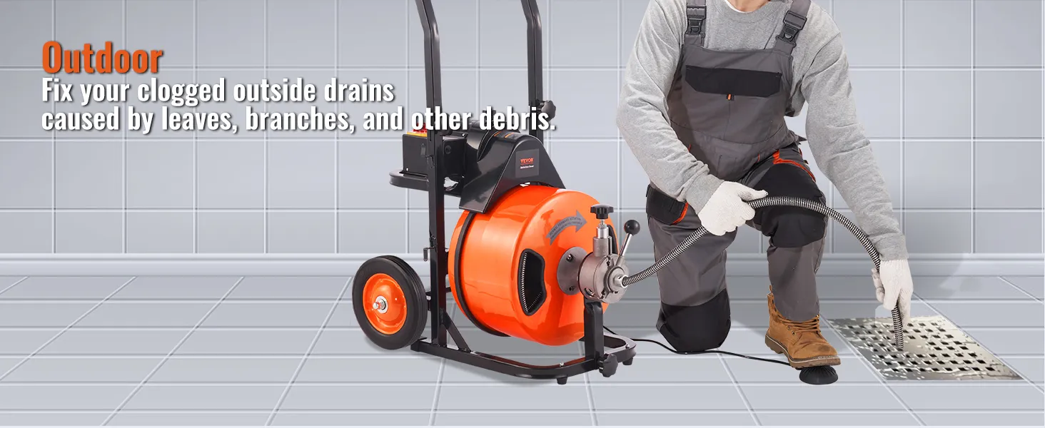 VEVOR drain cleaner machine in use for outdoor drain maintenance, clearing leaves and debris.