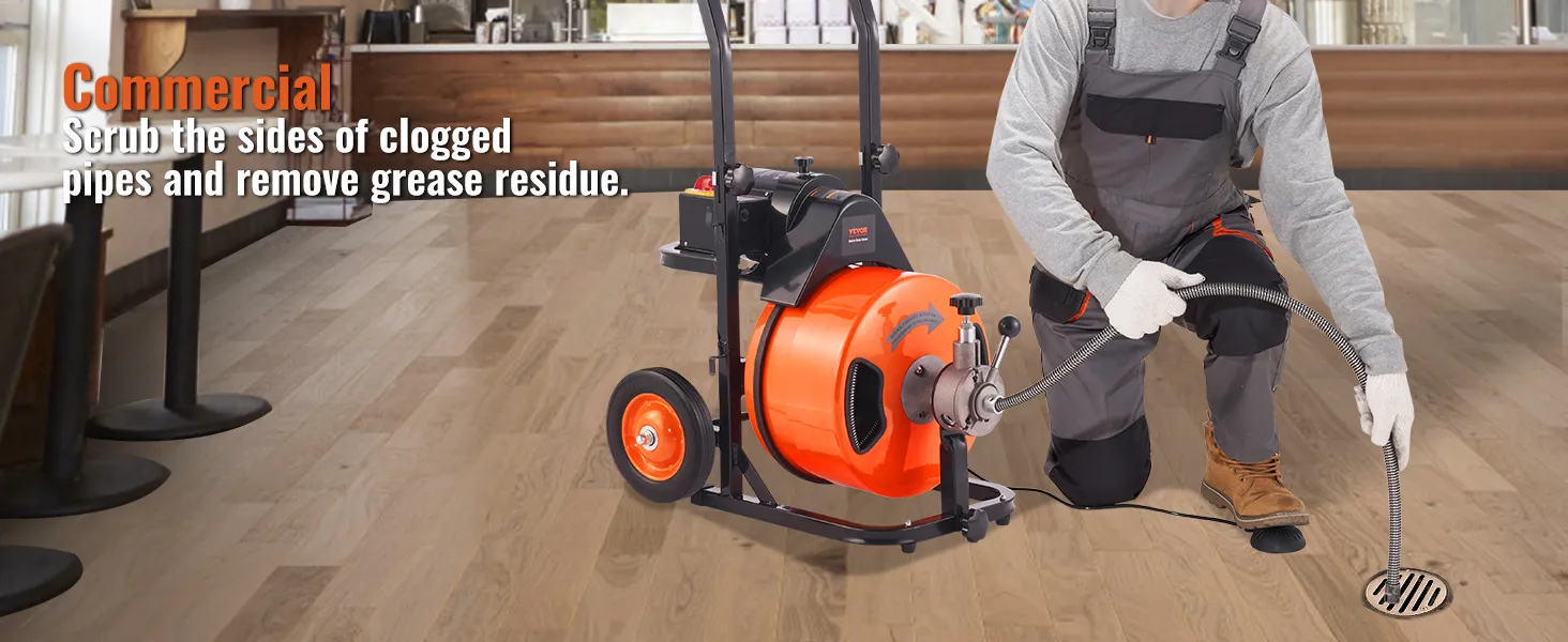 VEVOR drain cleaner machine for commercial use, scrubbing clogged pipes and removing grease residue.