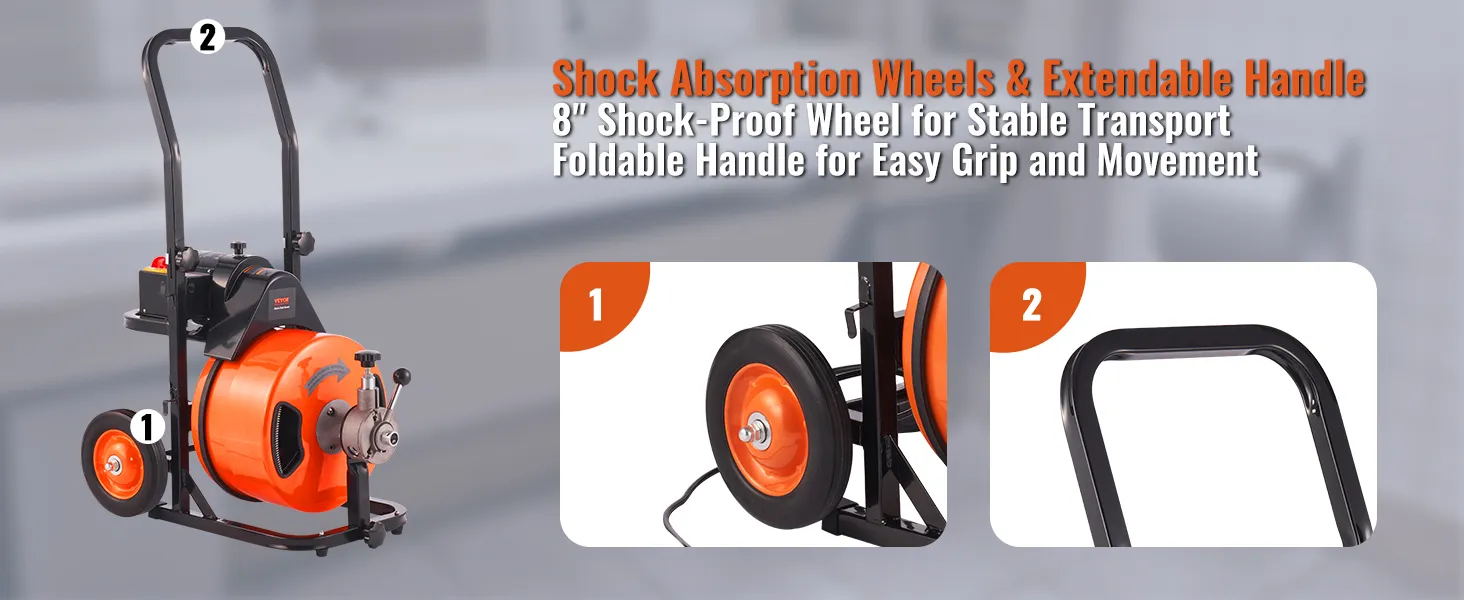 VEVOR drain cleaner machine with orange drum, shock-proof wheels, and foldable handle for easy transport.