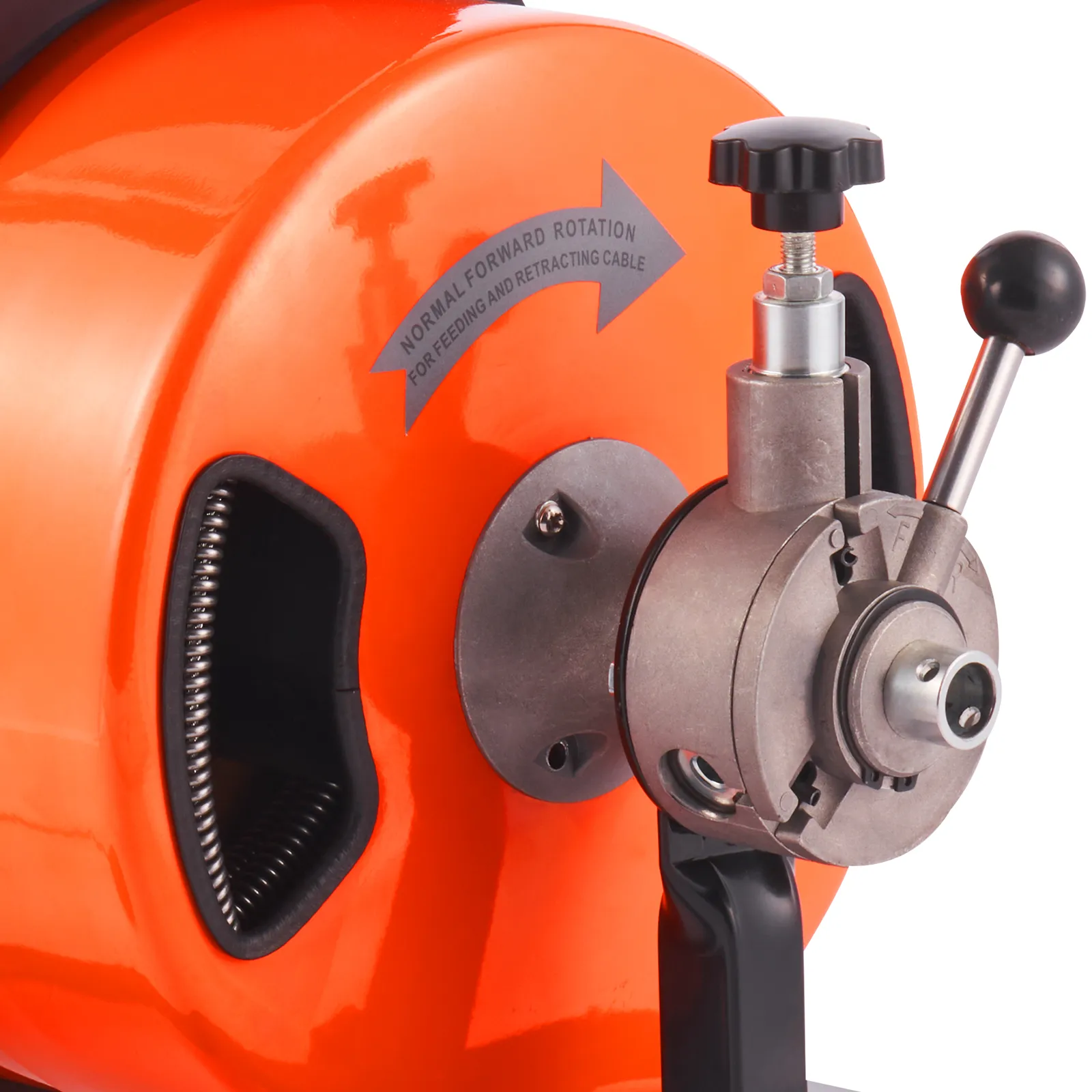 orange VEVOR drain cleaner machine featuring rotating knob and cable feed mechanism.