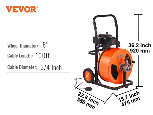 VEVOR drain cleaning machine with 100ft cable, 8" wheel, and 3/4" cable diameter.