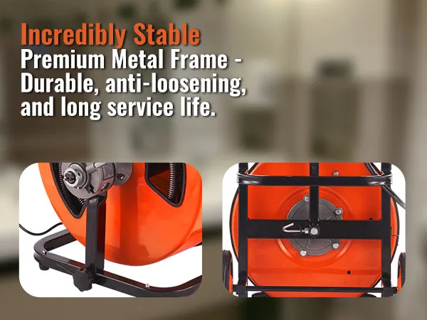 VEVOR drain cleaning machine with orange drum and durable premium metal frame in a bathroom.