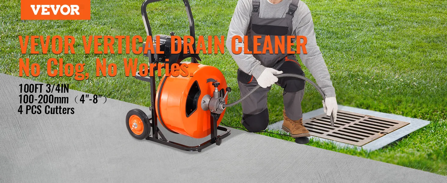 VEVOR drain cleaning machine in use, unclogging a concrete outdoor drain with an orange reel and hose.