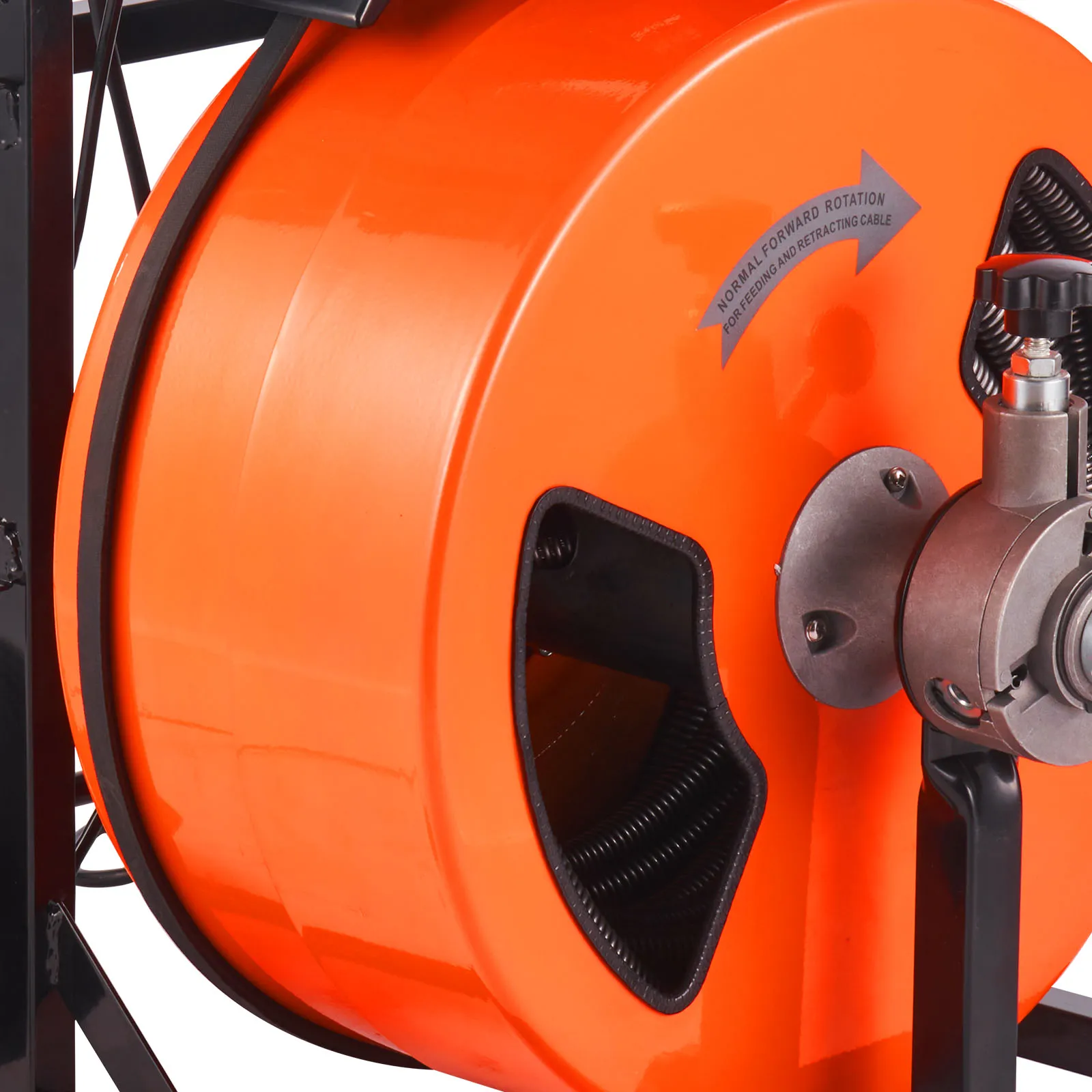 close-up of VEVOR drain cleaning machine with orange drum and retracting cable.