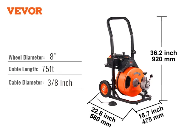 VEVOR drain cleaning machine with 75ft cable, 8" wheels, and dimensions of 36.2" x 22.8" x 18.7".
