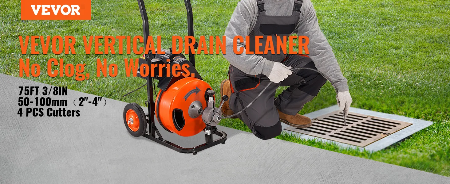 worker operating VEVOR drain cleaning machine near a storm drain, with text highlighting features.