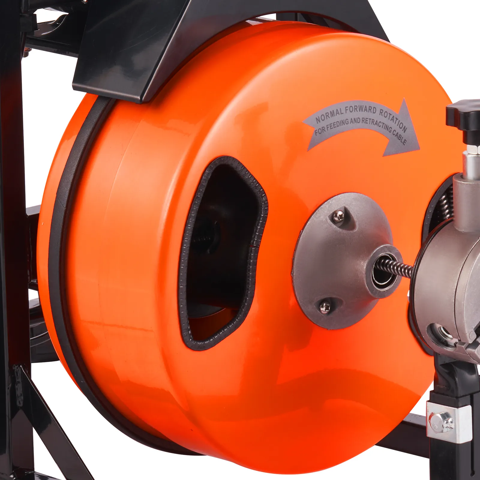 orange cable reel of VEVOR drain cleaning machine with visible feeding and retraction mechanism.