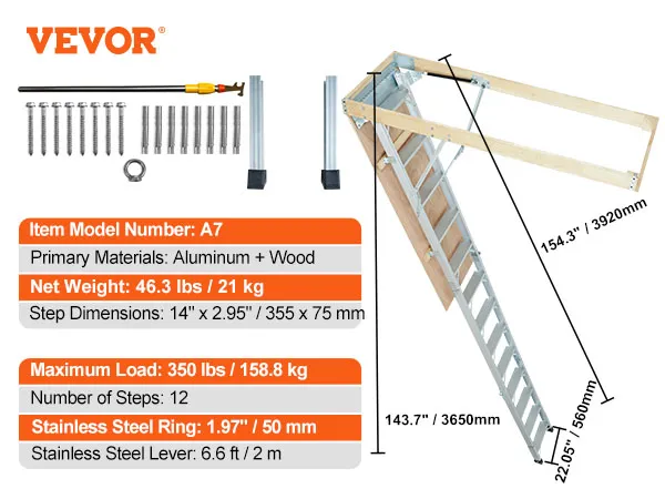 Teile und Maße der VEVOR Dachbodenleiter A7, Aluminium und Holz, maximale Belastung 350 lbs, 12 Stufen.