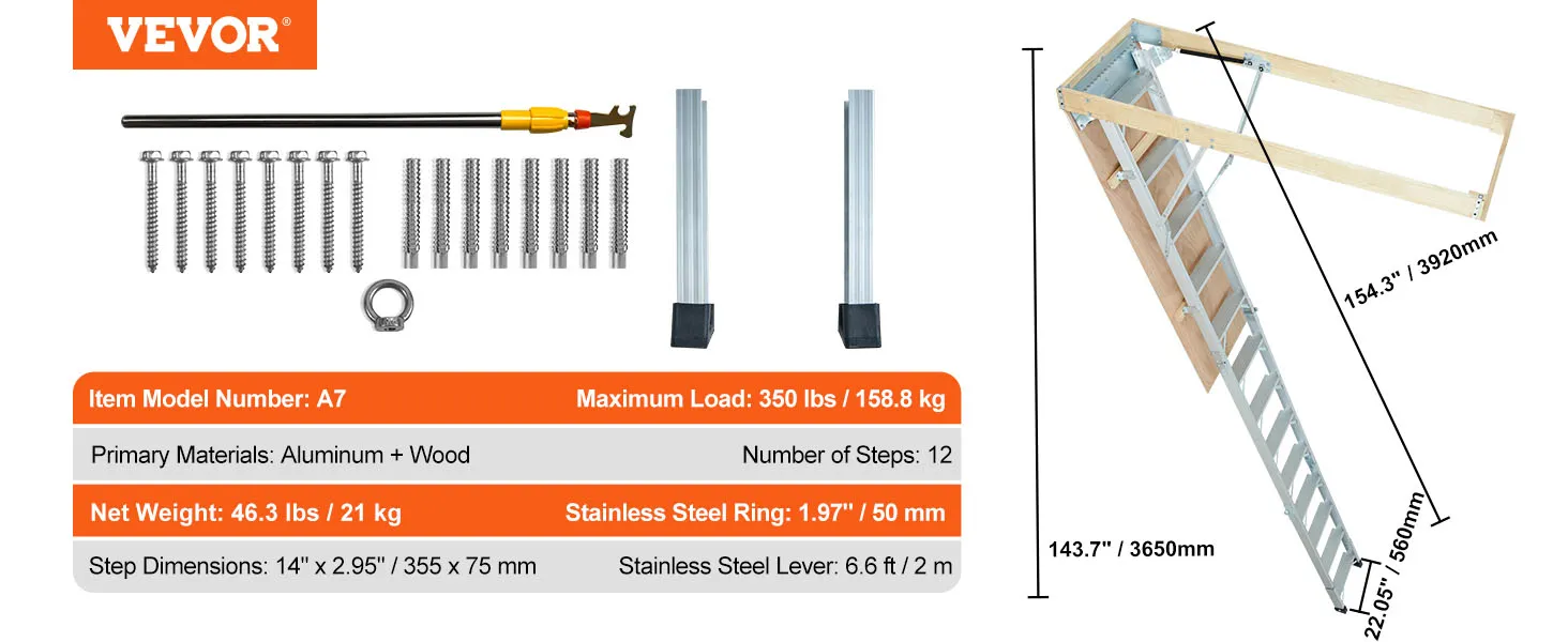 Teile und Maße der VEVOR Dachbodenleiter A7, Aluminium und Holz, maximale Belastung 350 lbs, 12 Stufen.