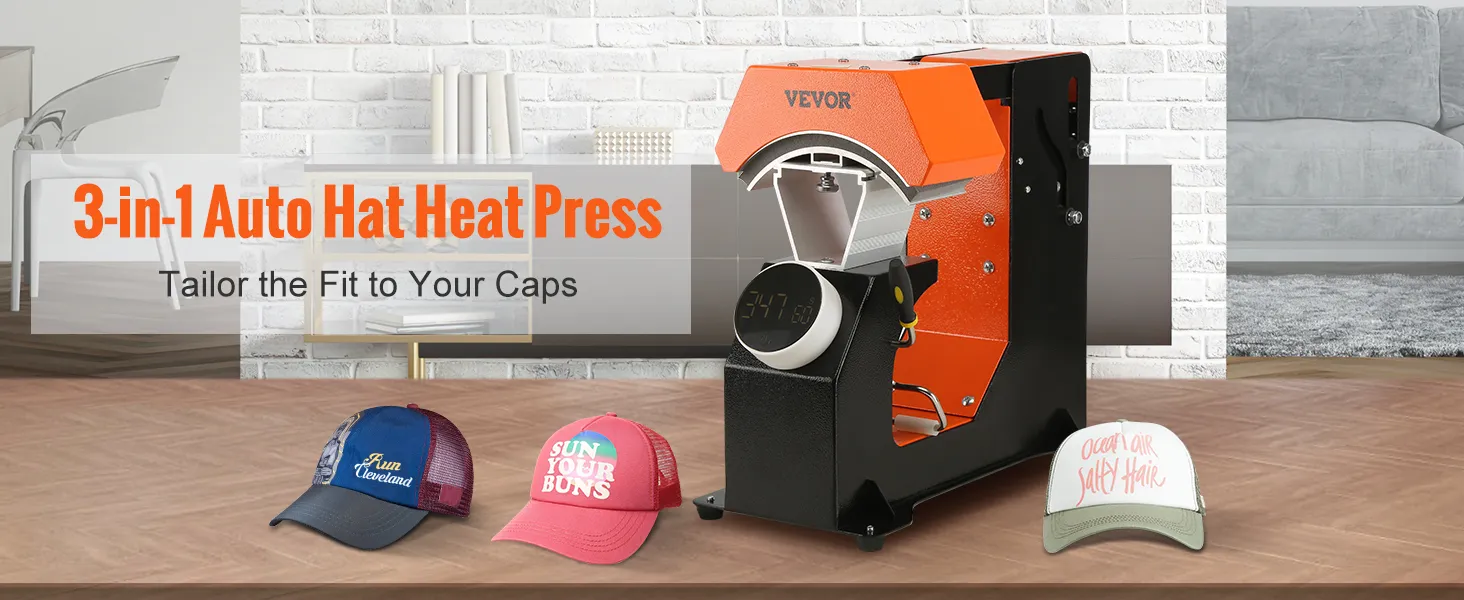 VEVOR 3-in-1 Auto Hat Heat Press with 3pcs Interchangeable Platens(6.6" x 2.7", 6.6" x 3.8", 6.1" x 3"), Automatic Release&Press Knob-Style Digital Control Panel, Heat Transfer Printing for Caps